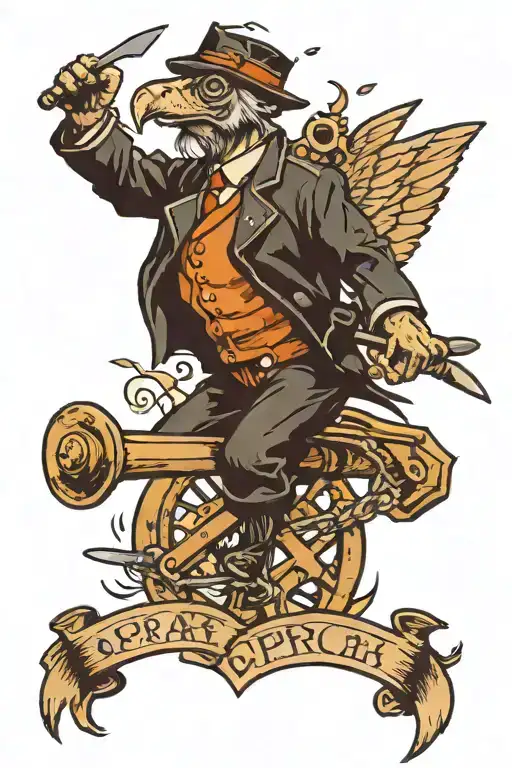 ospray flying with wrench in his claws. and has crossing canons on his chest  tattoo design idea