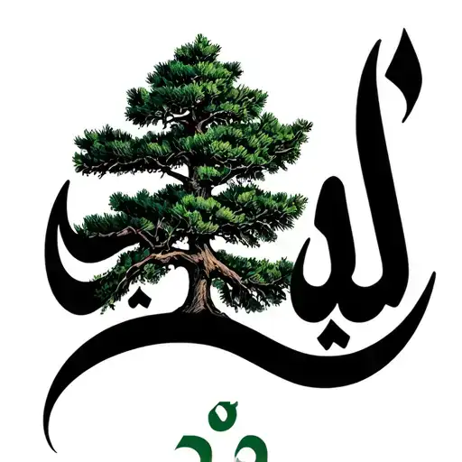 the lebanese cedar tree on the flag written in cursive arabic with the word كلّنا للوطن make it simpilistic  tattoo design idea