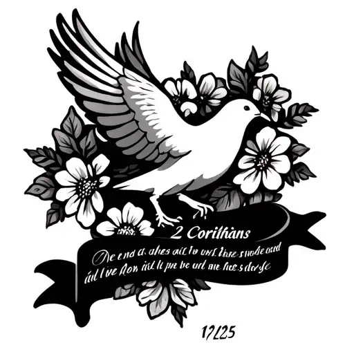 A dove with flowers and the Bible verse 2 Corinthians 12:10 intertwined with it and a ribbon under with the date 1/21/25 tattoo design idea