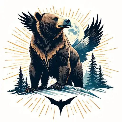 Generate tattoo, powerful bear, trees, mountains, moon, eagle, ray of light radiating from the distant moon.Slight acc tattoo design idea