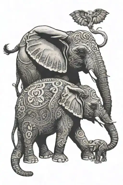 Two elephants, one large protecting a small one, facing forward. The larger elephant wraps its trunk around the small on tattoo design idea