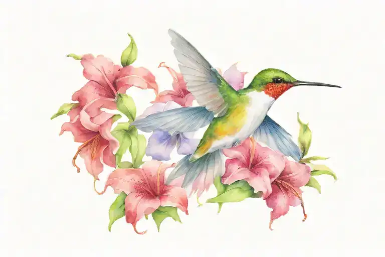 ruby throated hummingbird hovering over petunia flowers tattoo design idea