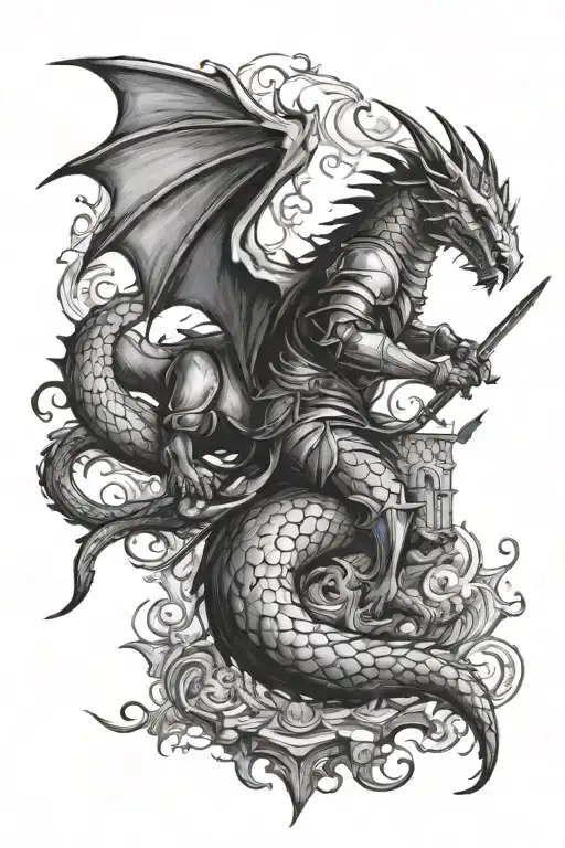 a noble knight fighting against a dragon infront of a castle background  tattoo design idea