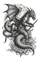 a noble knight fighting against a dragon infront of a castle background  tattoo design idea