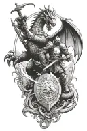 a noble knight fighting against a dragon infront of a castle background  tattoo design idea