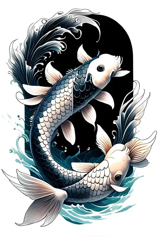 3 koi fish with big scales, black and grey, waves and water background, balance dark and light, darker fish, lighter bac tattoo design idea