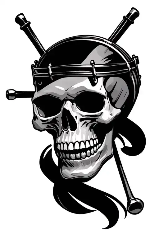 Skull with snare drum head and cross sticks underneath tattoo design idea