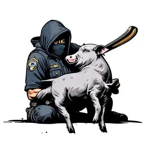A tattoo outline of A man wearing a hoodie with a ski mask on holding a pig in a cops uniform in a headlock while shovin tattoo design idea