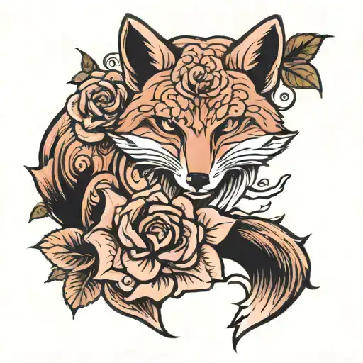 fox coming out of a pink rose tattoo design idea