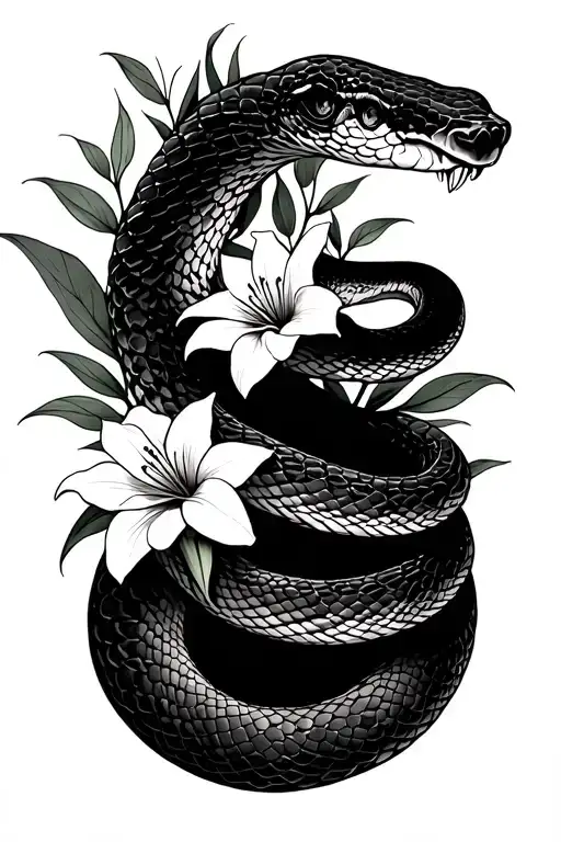 Nordic style with snake and Peruvian lilies tattoo design idea