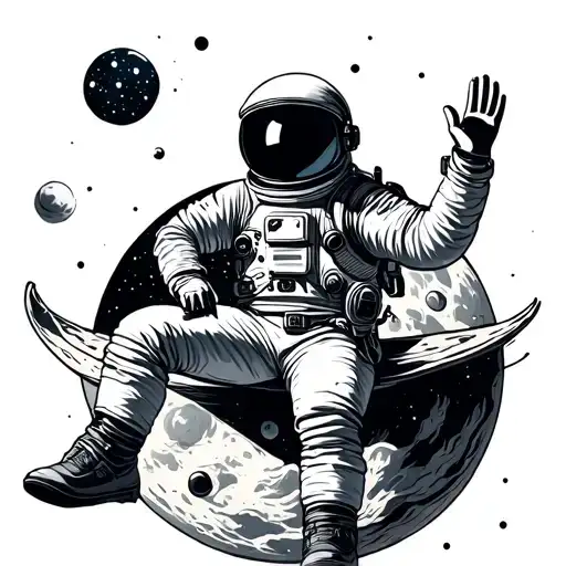 astronaut sitting on top of the moon waving tattoo design idea