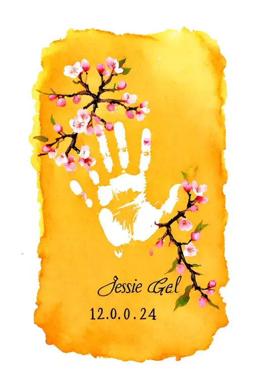 "Jessie Gael 12.06.24 " black and white baby hand print with a few cherry blossom branch tattoo design idea