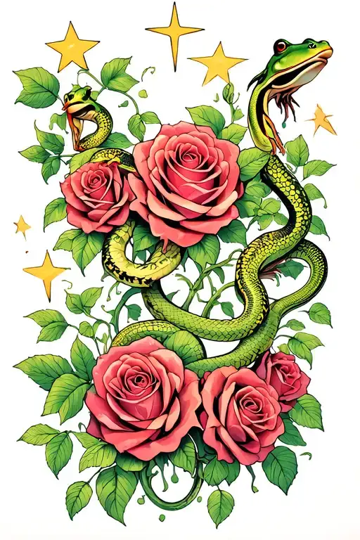 roses and stars connected by stems to make it look like vines with snakes and frogs full back and arm tattoo tattoo design idea