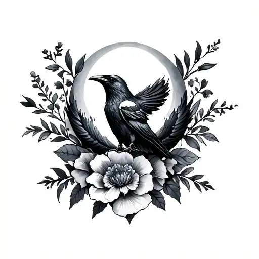 Raven with moon and flowers tattoo design idea