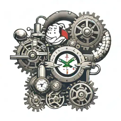 A ghostbusters logo intertwined with audio equipment and surrounded by clock gears tattoo design idea