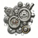 A ghostbusters logo intertwined with audio equipment and surrounded by clock gears tattoo design idea