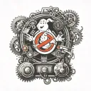 A ghostbusters logo intertwined with audio equipment and surrounded by clock gears tattoo design idea