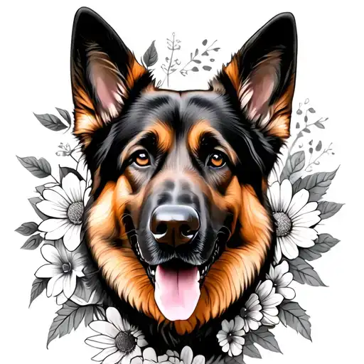 German shepherd dog with flowers tattoo design idea