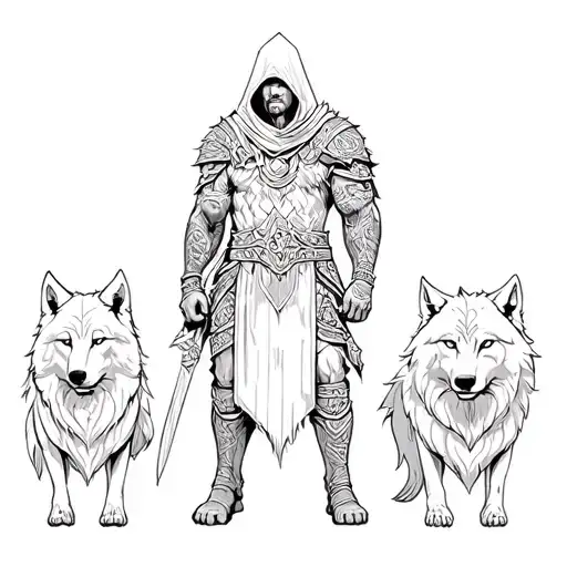 Warrior standing with hood and two wolf on each side tattoo design idea
