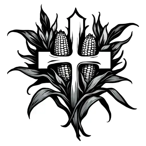 simple cross with corn growing  underneath tattoo design idea