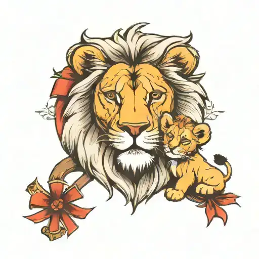 lion with cub with cross and awareness ribbon  tattoo design idea