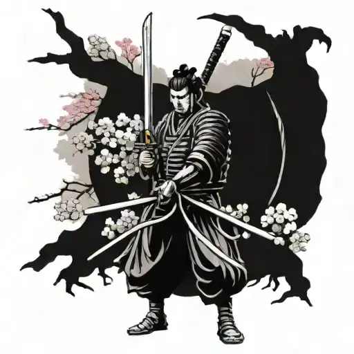 Ronin samurai holding katana sword one hand surrounded by the sakura tree tattoo design idea