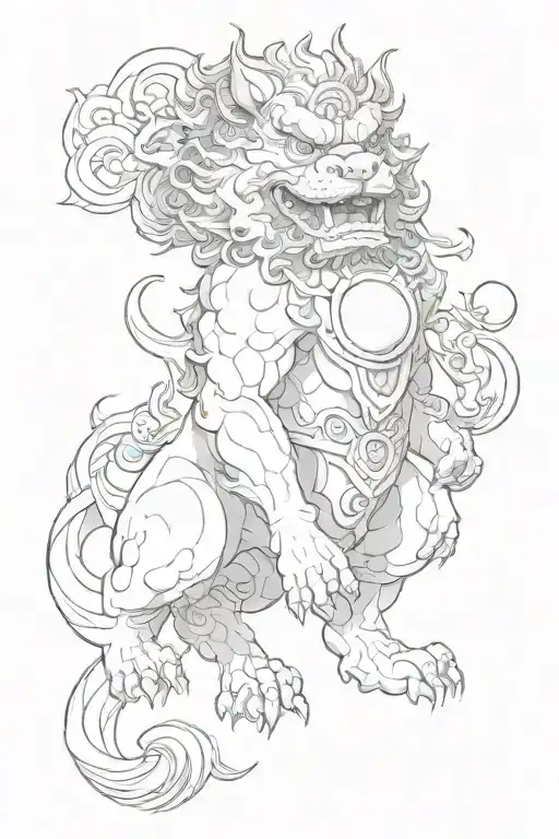 full body foo dog holding orb tattoo design idea