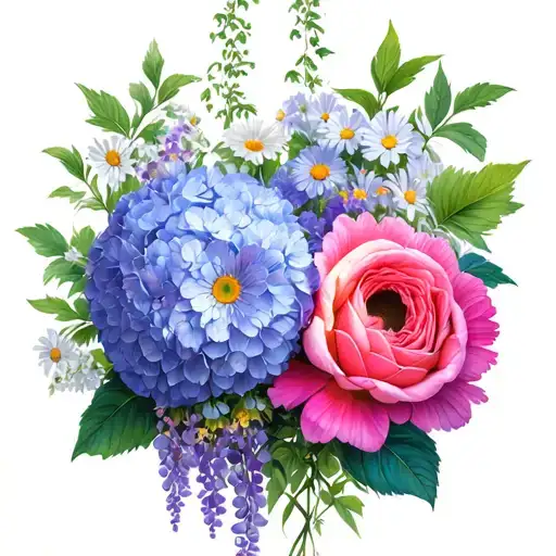 peonies, hydrangea, wisteria, rose, gerbera daisies intertwined tattoo design idea