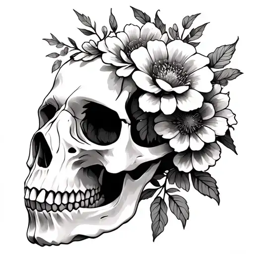 animal skull with flowers blooming tattoo design idea