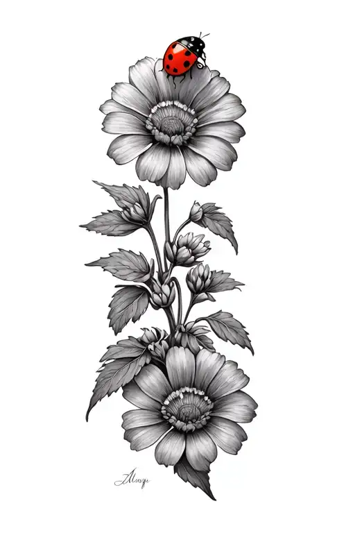small flowers intertwined with ladybug resting tattoo design idea