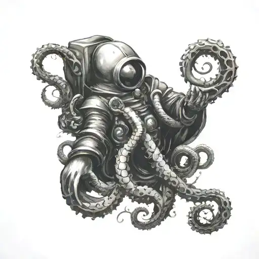 deep sea Diver next to cthulhu tentacles, Death tattoo design idea