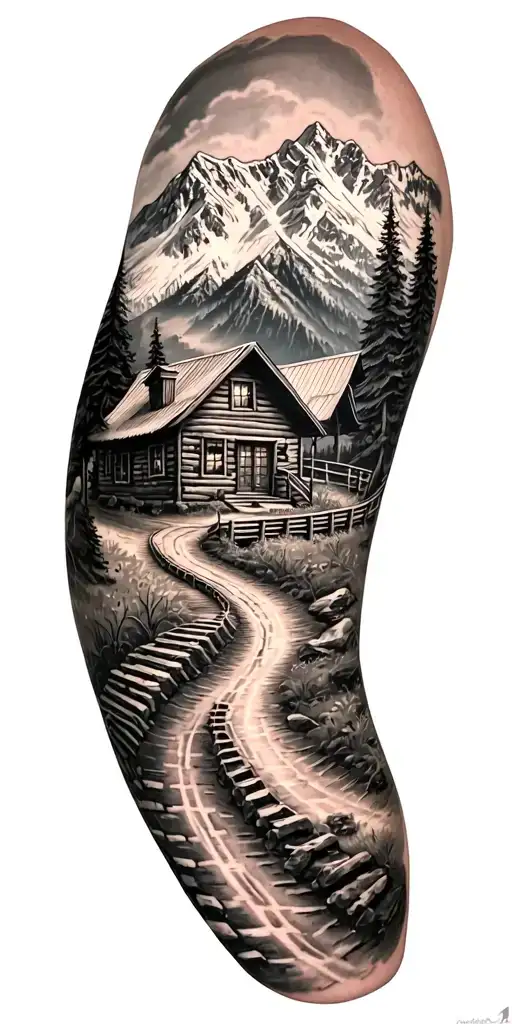 Mountain cabin and rail winding road leading tattoo design idea