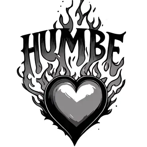 a tattoo of the phrase HUMBE and a heart on fire tattoo design idea
