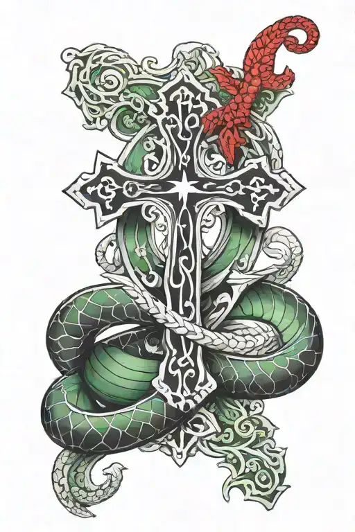 black and whiteirish cross with a dark green snake coiled around it and "for you are with me" arched above it in red tattoo design idea
