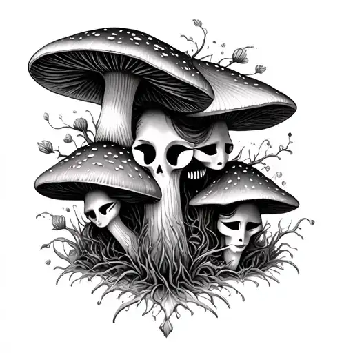 Intricate and dark mushroom tattoo, happy and sad masks incorporated into the design, detailed pen and ink drawing, blac tattoo design idea