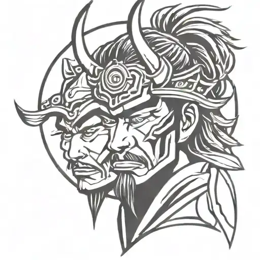 Japanese samurai warrior and demon face surrounded tattoo design idea