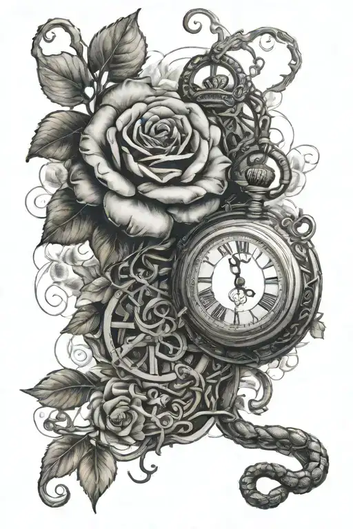 pocket watch, roman numerals, roses, snake, trees in the background, smoke. tattoo design idea