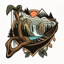 waterfall forest mountain river mountain hammock tattoo design idea