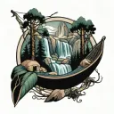 waterfall forest mountain river mountain hammock tattoo design idea