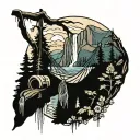 waterfall forest mountain river mountain hammock tattoo design idea