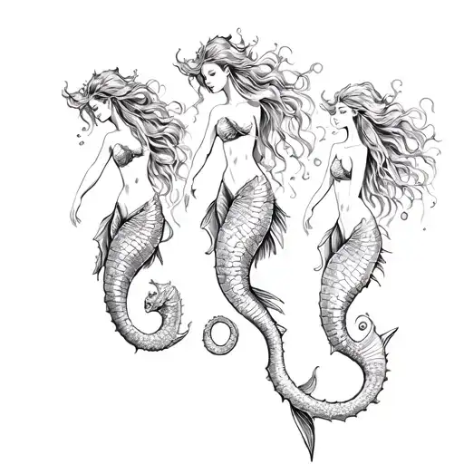 Three mermaids surrounding a seahorse swimming tattoo design idea