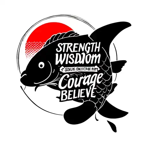 Japanese writing saying strength wisdom courage believe in a koi fish's scales with a Japanese sun  tattoo design idea