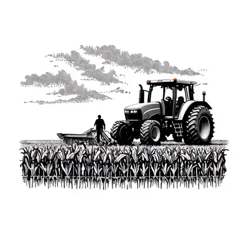 A dotwork tattoo of a cornfield with a John Deere tractor harvesting, and a silhouette of your dad standing proudly in the field tattoo design idea