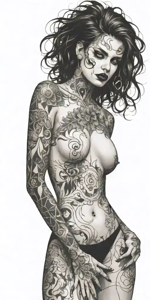 darkly alluring full nude goth girl rocking out tattoo design idea