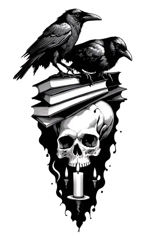 books, tree, raven, skull, candles illuminating the scene tattoo design idea