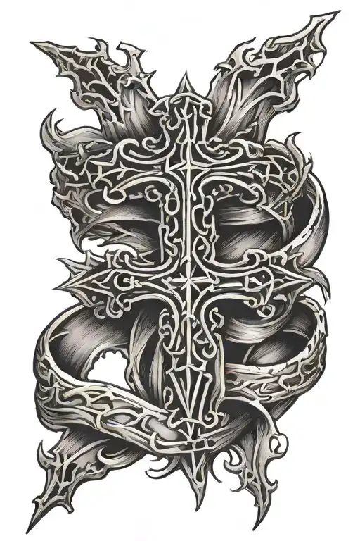 cross wrapped in jesus thorn crown tattoo design idea