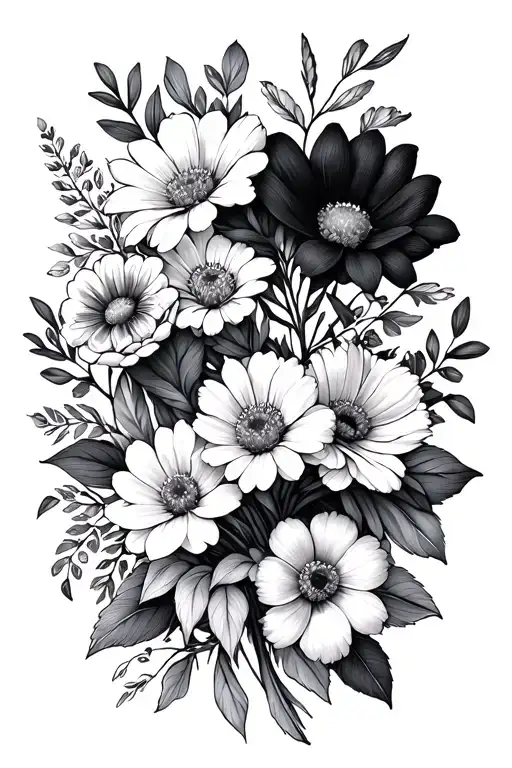 February,April,June,August,September,October Birth month flowers in a bouquet with no color  tattoo design idea