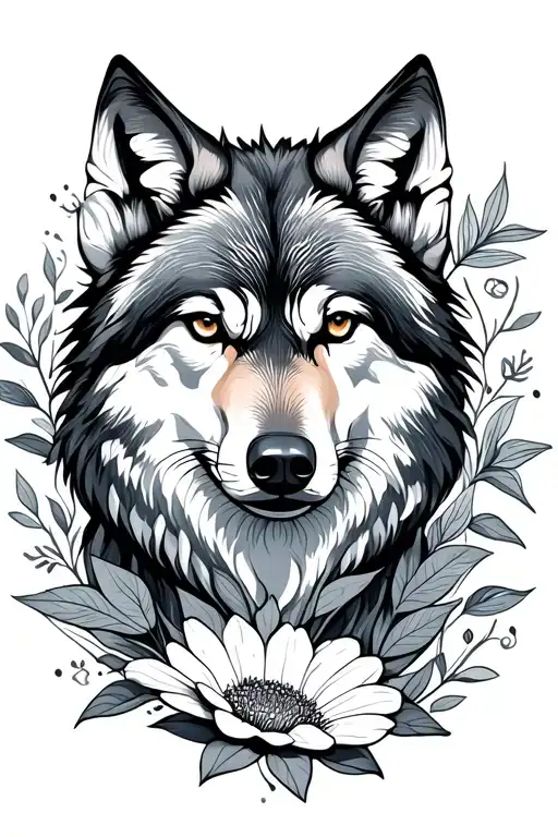 wolf, flower, line tattoo design idea