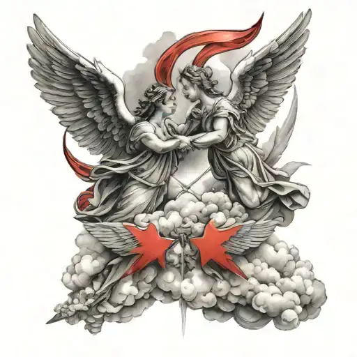 2 angels with red arrows in their hands and clouds around tattoo design idea