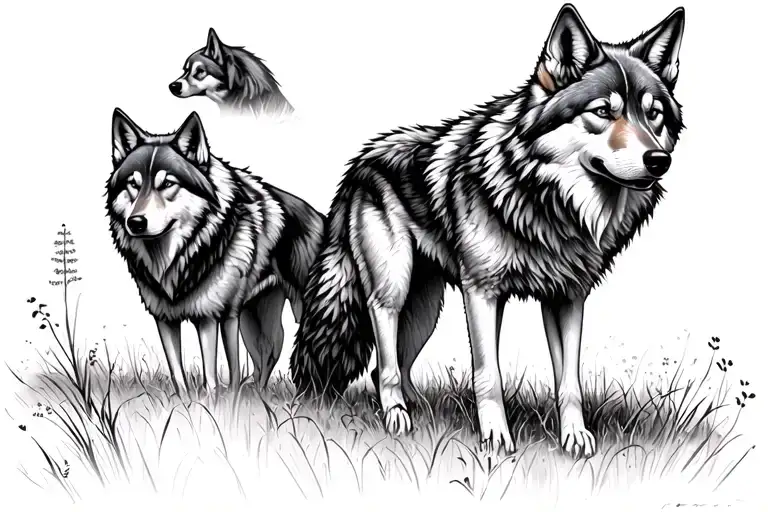 coyote in a field of wolves tattoo design idea